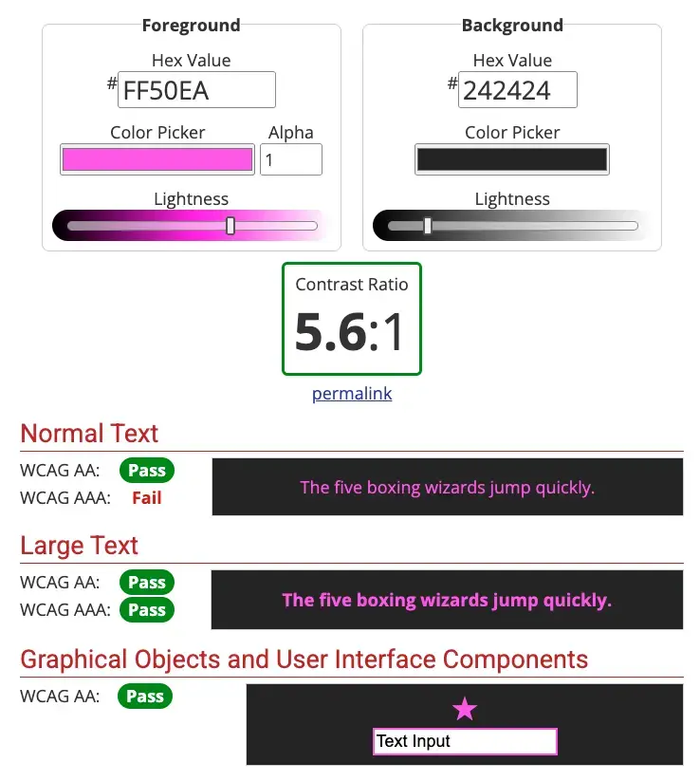 The mud website tested in WEBAim Contrast Checker