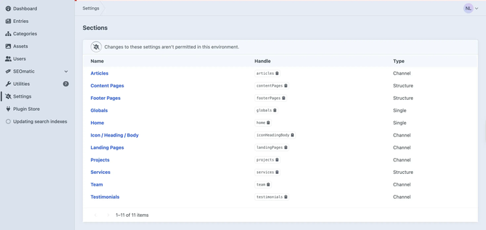 craft cms sections page in the CMS settings